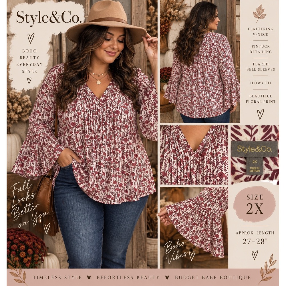 Style & Co Boho Floral Pintuck V-Neck Bell Sleeve Blouse Burgundy Cream 2X
